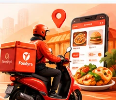 Foodyra food delivery boy with delivery bag and scooty
