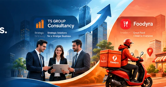 Business consulting team and Foodyra delivery rider on a scooter